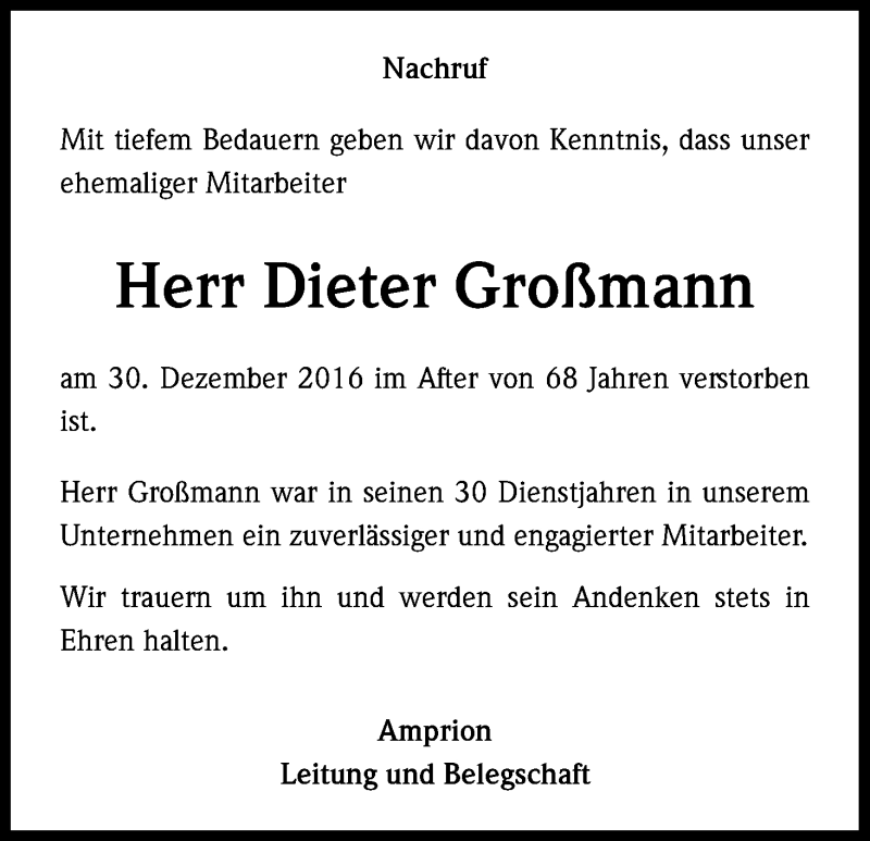  Traueranzeige für Dieter Großmann vom 23.01.2017 aus Kölner Stadt-Anzeiger / Kölnische Rundschau / Express
