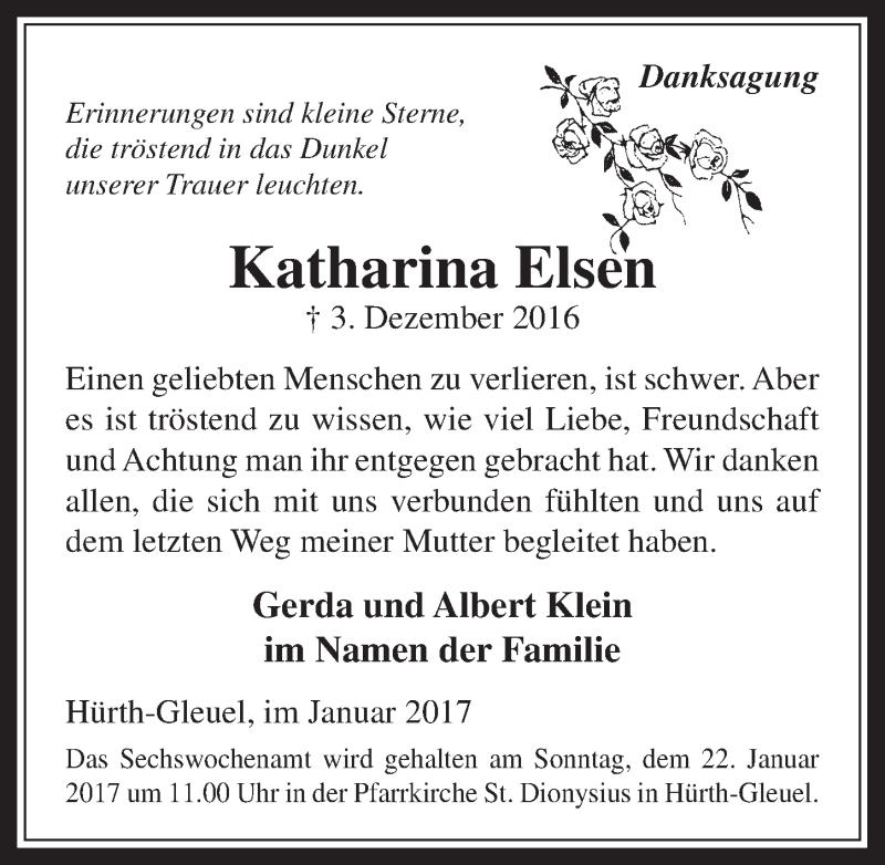  Traueranzeige für Katharina Elsen vom 18.01.2017 aus  Wochenende 
