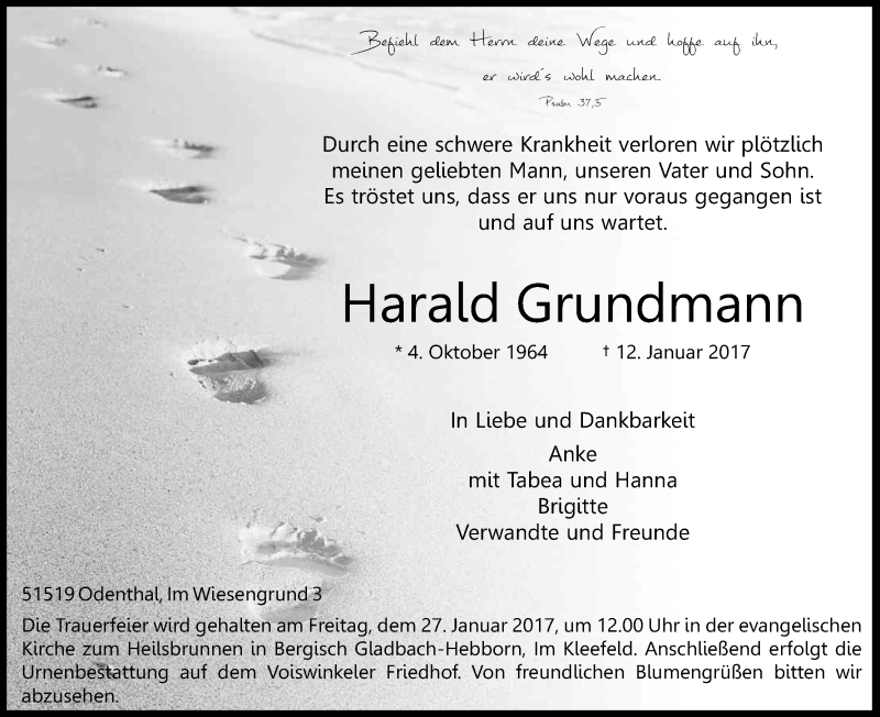  Traueranzeige für Harald Grundmann vom 21.01.2017 aus Kölner Stadt-Anzeiger / Kölnische Rundschau / Express