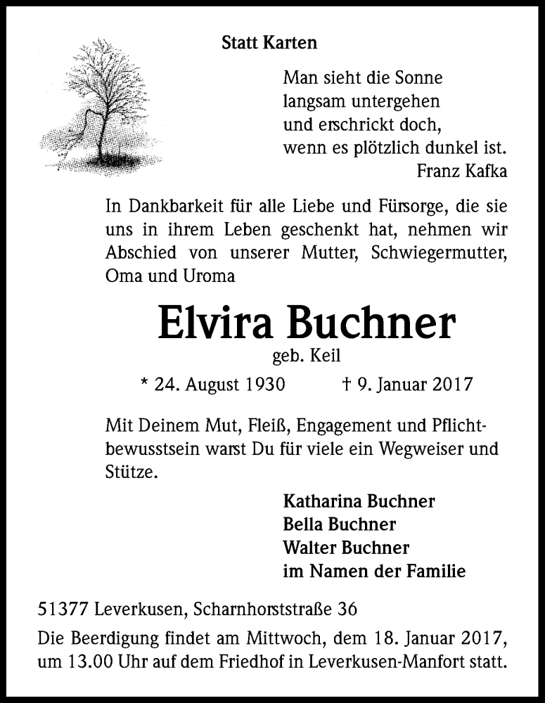  Traueranzeige für Elvira Buchner vom 16.01.2017 aus Kölner Stadt-Anzeiger / Kölnische Rundschau / Express