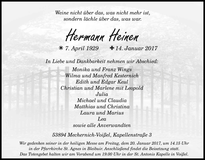 Traueranzeige für Hermann Heinen vom 17.01.2017 aus Kölner Stadt-Anzeiger / Kölnische Rundschau / Express