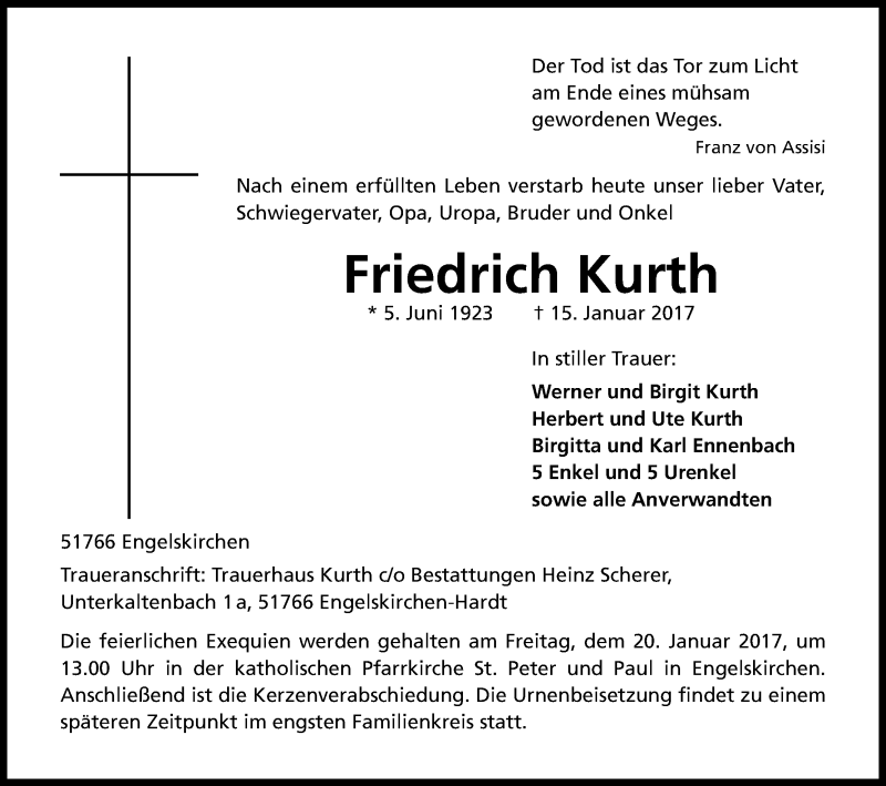 Traueranzeige für Friedrich Kurth vom 17.01.2017 aus Kölner Stadt-Anzeiger / Kölnische Rundschau / Express