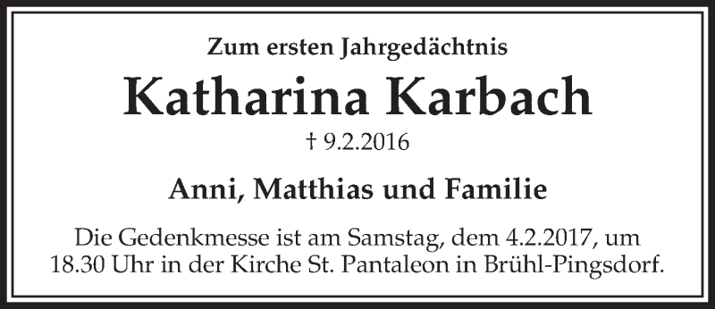  Traueranzeige für Katharina Karbach vom 01.02.2017 aus  Schlossbote/Werbekurier 