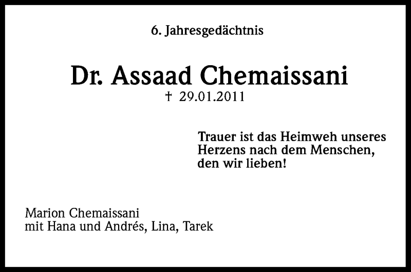  Traueranzeige für Assaad Chemaissani vom 28.01.2017 aus Kölner Stadt-Anzeiger / Kölnische Rundschau / Express