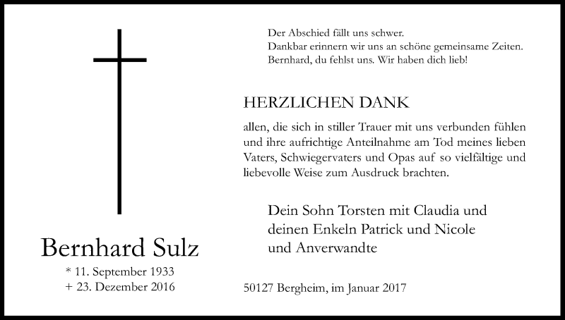  Traueranzeige für Bernhard Sulz vom 21.01.2017 aus Kölner Stadt-Anzeiger / Kölnische Rundschau / Express