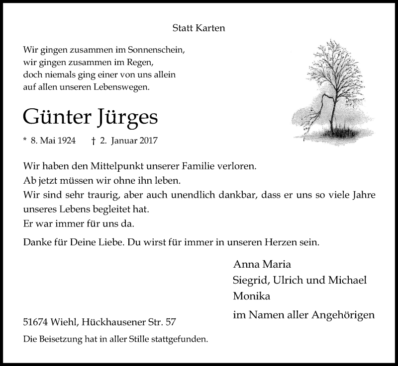  Traueranzeige für Günter Jürges vom 12.01.2017 aus Kölner Stadt-Anzeiger / Kölnische Rundschau / Express