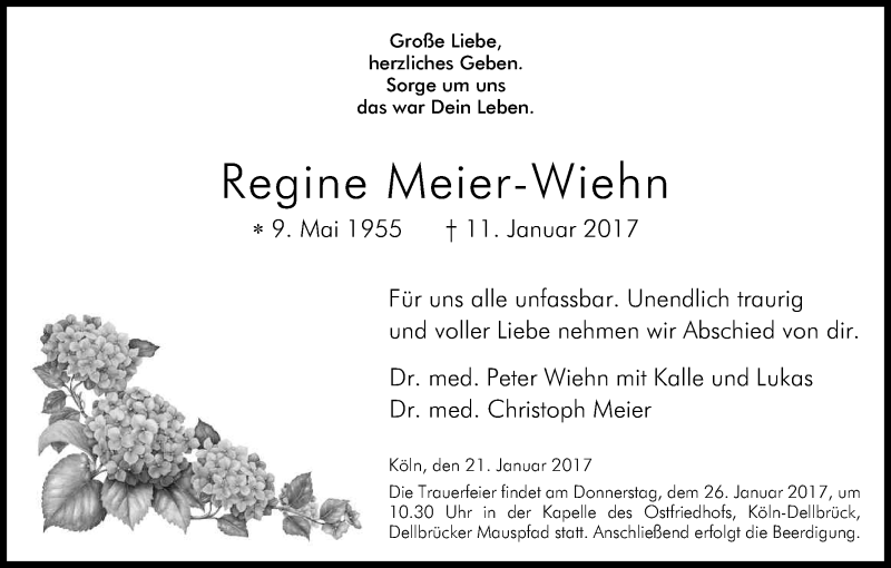  Traueranzeige für Regine Meier-Wiehn vom 21.01.2017 aus Kölner Stadt-Anzeiger / Kölnische Rundschau / Express
