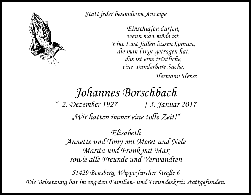  Traueranzeige für Johannes Borschbach vom 17.01.2017 aus Kölner Stadt-Anzeiger / Kölnische Rundschau / Express