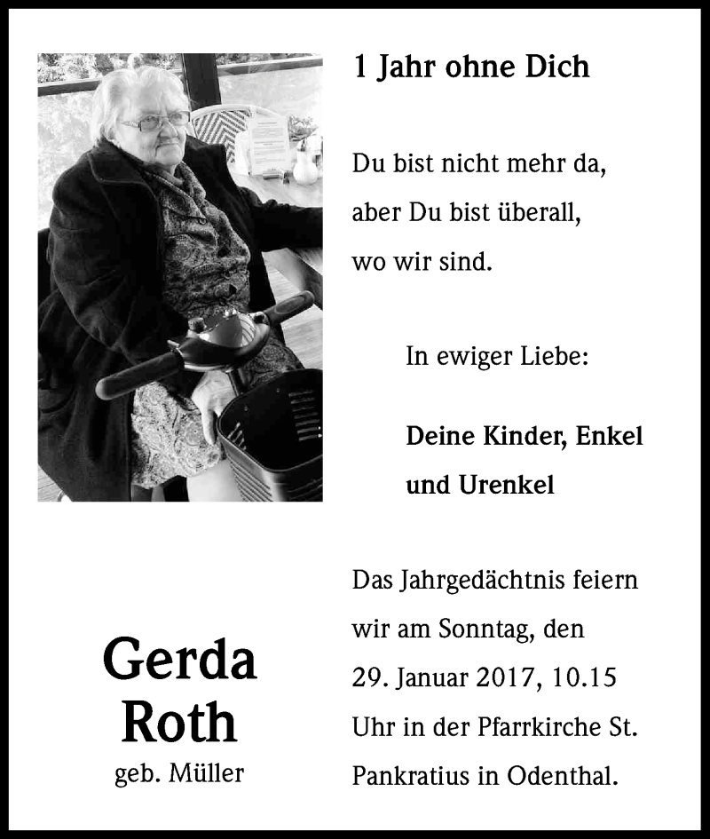  Traueranzeige für Gerda Roth vom 23.01.2017 aus Kölner Stadt-Anzeiger / Kölnische Rundschau / Express