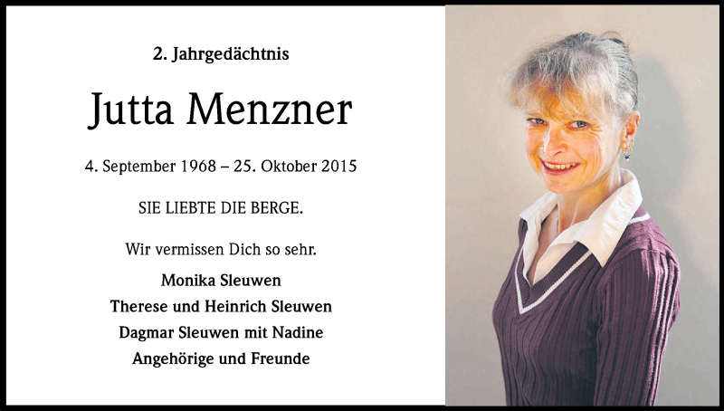  Traueranzeige für Jutta Menzner vom 25.10.2017 aus Kölner Stadt-Anzeiger / Kölnische Rundschau / Express
