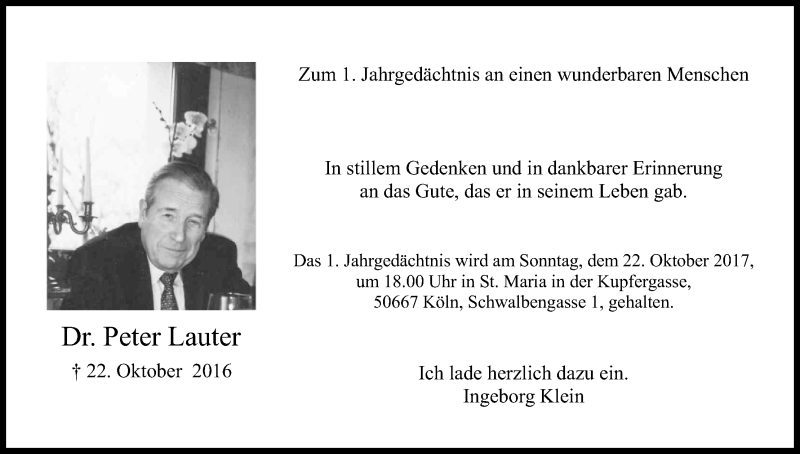  Traueranzeige für Peter Lauter vom 14.10.2017 aus Kölner Stadt-Anzeiger / Kölnische Rundschau / Express