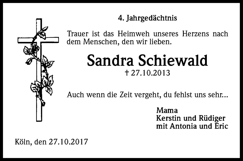  Traueranzeige für Sandra Schiewald vom 28.10.2017 aus Kölner Stadt-Anzeiger / Kölnische Rundschau / Express