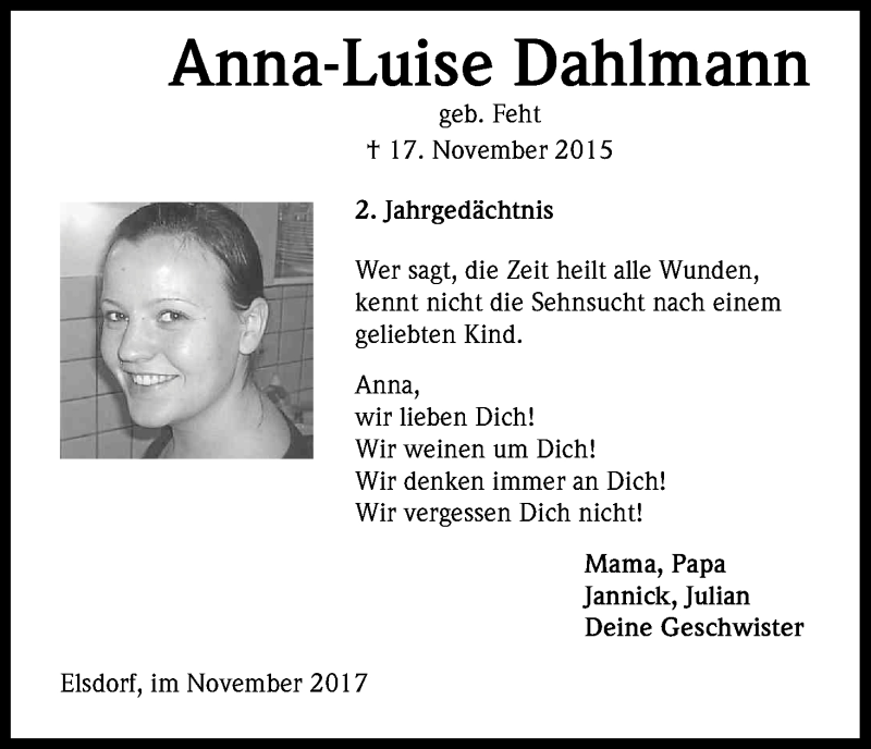  Traueranzeige für Anna - Luise Dahlmann vom 17.11.2017 aus Kölner Stadt-Anzeiger / Kölnische Rundschau / Express