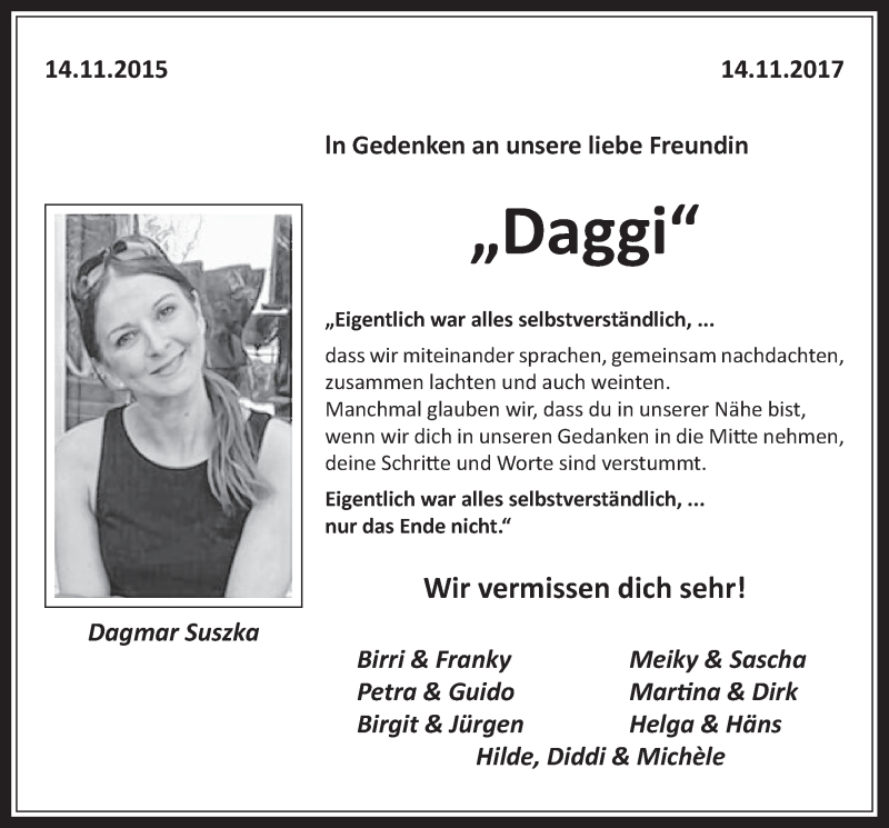  Traueranzeige für Dagmar Suszka vom 15.11.2017 aus  Werbepost 