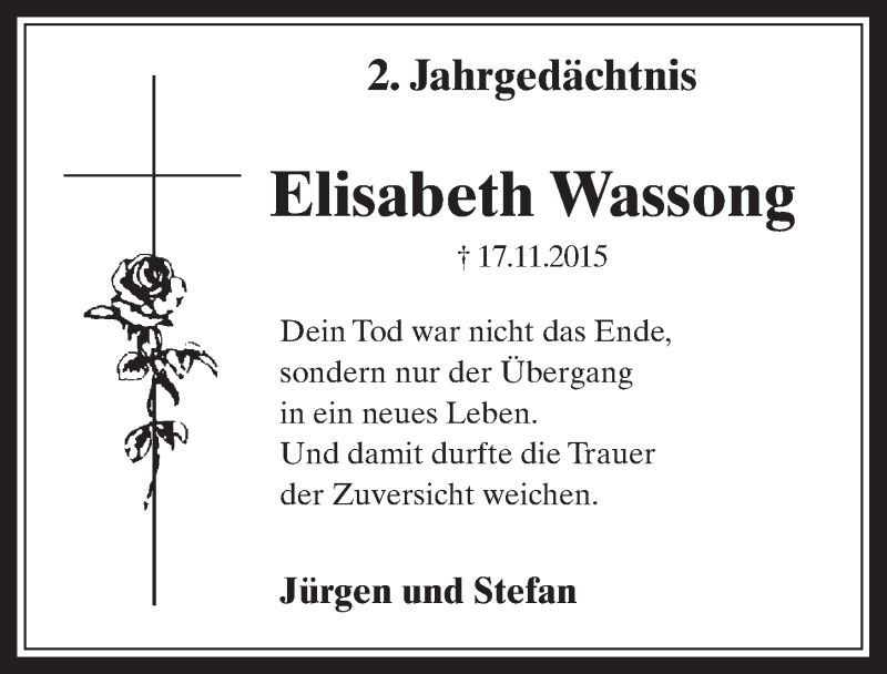  Traueranzeige für Elisabeth Wassong vom 15.11.2017 aus  Wochenende 