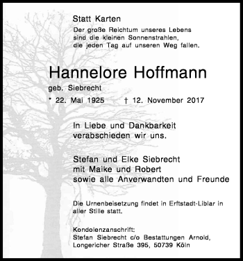 Anzeige von Hannelore Hoffmann von Kölner Stadt-Anzeiger / Kölnische Rundschau / Express