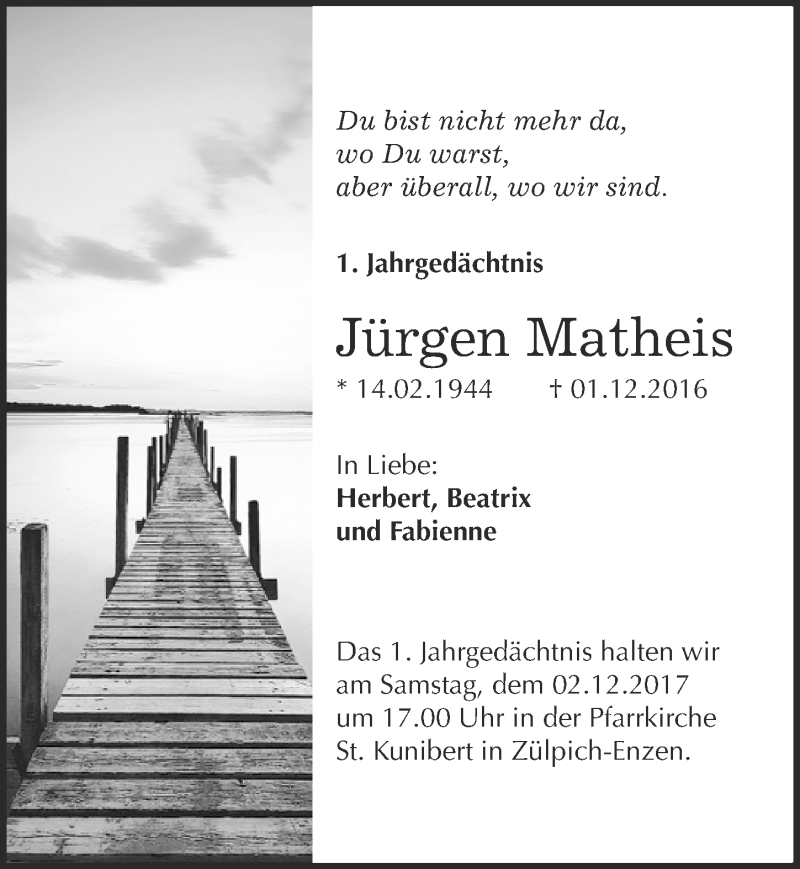  Traueranzeige für Jürgen Matheis vom 25.11.2017 aus  Blickpunkt Euskirchen 