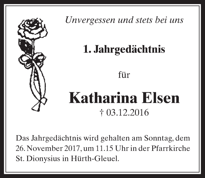  Traueranzeige für Katharina Elsen vom 22.11.2017 aus  Wochenende 