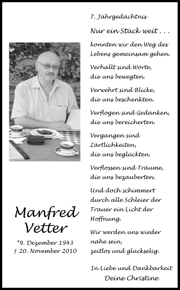  Traueranzeige für Manfred Vetter vom 20.11.2017 aus Kölner Stadt-Anzeiger / Kölnische Rundschau / Express