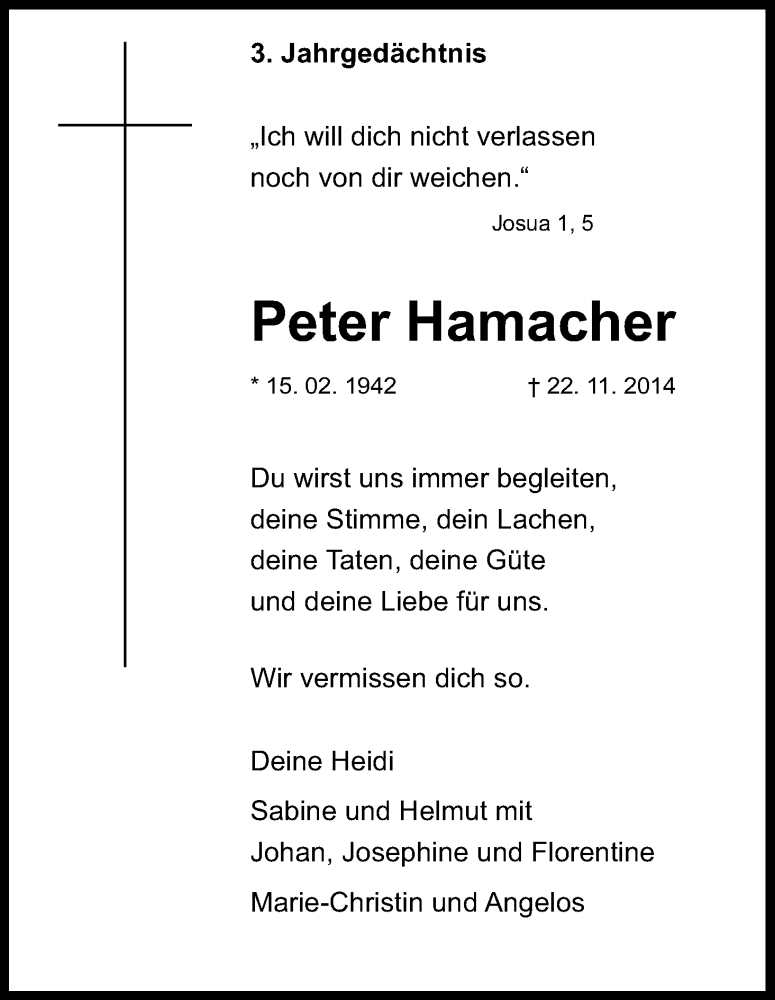  Traueranzeige für Peter Hamacher vom 25.11.2017 aus Kölner Stadt-Anzeiger / Kölnische Rundschau / Express