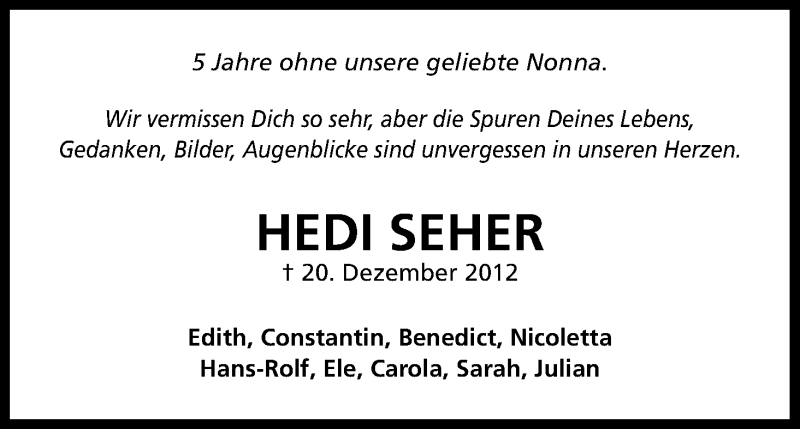  Traueranzeige für Hedi Seher vom 20.12.2017 aus Kölner Stadt-Anzeiger / Kölnische Rundschau / Express