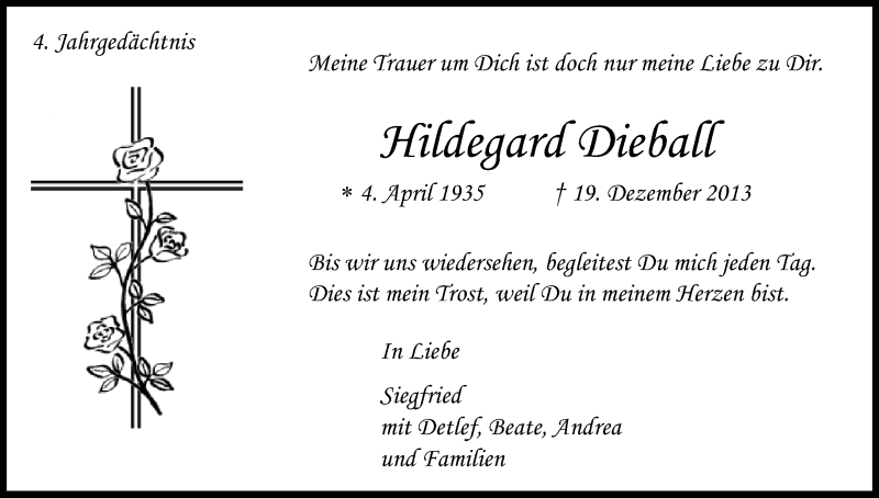  Traueranzeige für Hildegard Dieball vom 19.12.2017 aus Kölner Stadt-Anzeiger / Kölnische Rundschau / Express