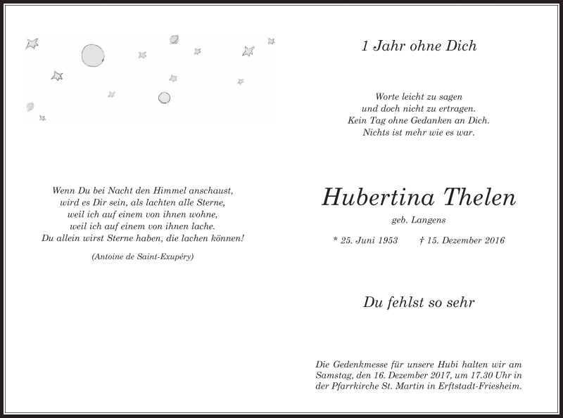  Traueranzeige für Hubertina Thelen vom 13.12.2017 aus  Werbepost 