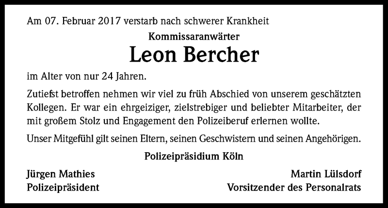  Traueranzeige für Leon Bercher vom 18.02.2017 aus Kölner Stadt-Anzeiger / Kölnische Rundschau / Express