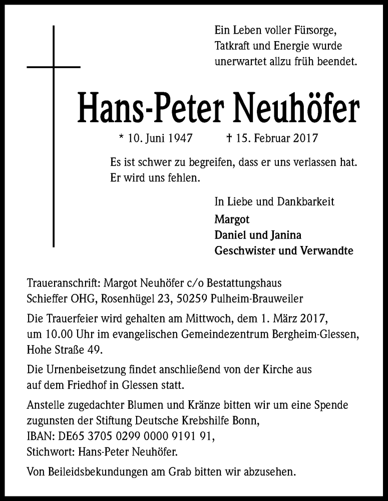  Traueranzeige für Hans-Peter Neuhöfer vom 25.02.2017 aus Kölner Stadt-Anzeiger / Kölnische Rundschau / Express