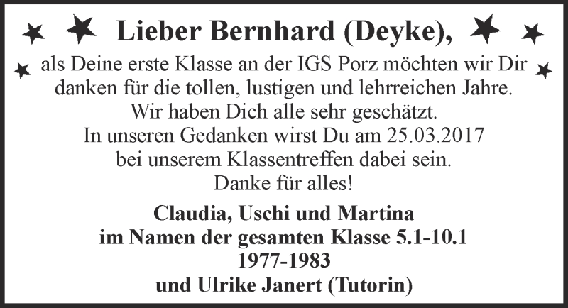  Traueranzeige für Bernhard Deyke vom 25.02.2017 aus  Kölner Wochenspiegel 