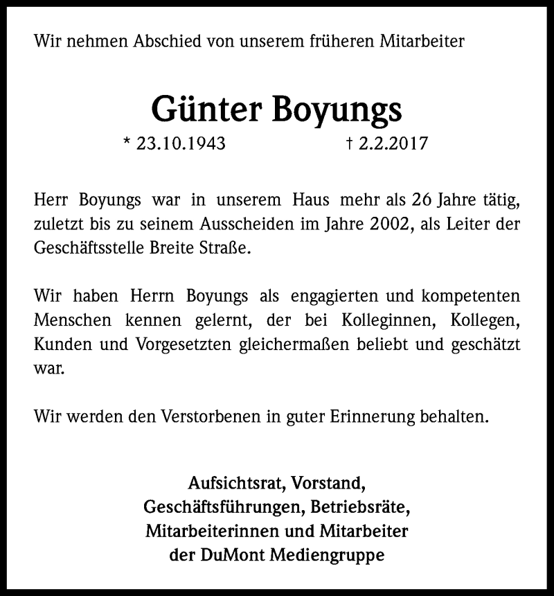  Traueranzeige für Günter Boyungs vom 11.02.2017 aus Kölner Stadt-Anzeiger / Kölnische Rundschau / Express