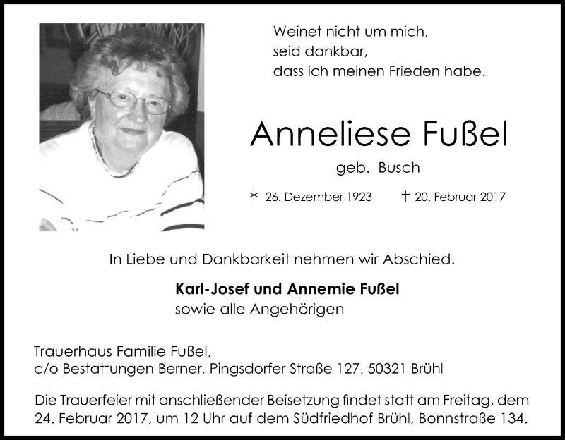  Traueranzeige für Anneliese Fußel vom 22.02.2017 aus Kölner Stadt-Anzeiger / Kölnische Rundschau / Express