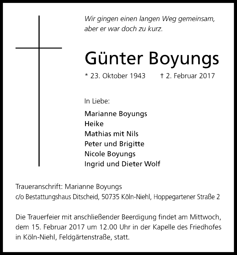  Traueranzeige für Günter Boyungs vom 11.02.2017 aus Kölner Stadt-Anzeiger / Kölnische Rundschau / Express