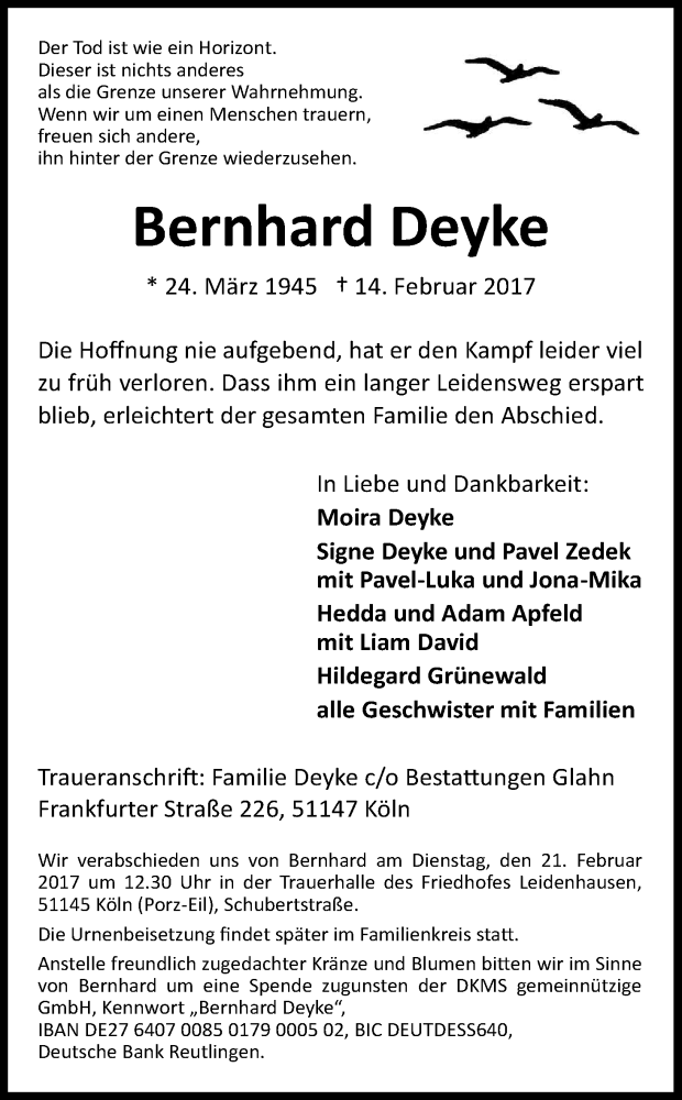  Traueranzeige für Bernhard Deyke vom 18.02.2017 aus Kölner Stadt-Anzeiger / Kölnische Rundschau / Express