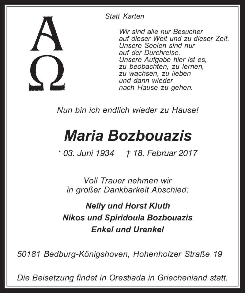  Traueranzeige für Maria Bozbouazis vom 22.02.2017 aus  Werbepost 