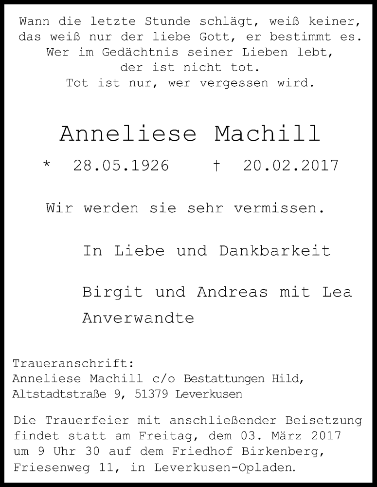  Traueranzeige für Anneliese Machill vom 25.02.2017 aus Kölner Stadt-Anzeiger / Kölnische Rundschau / Express