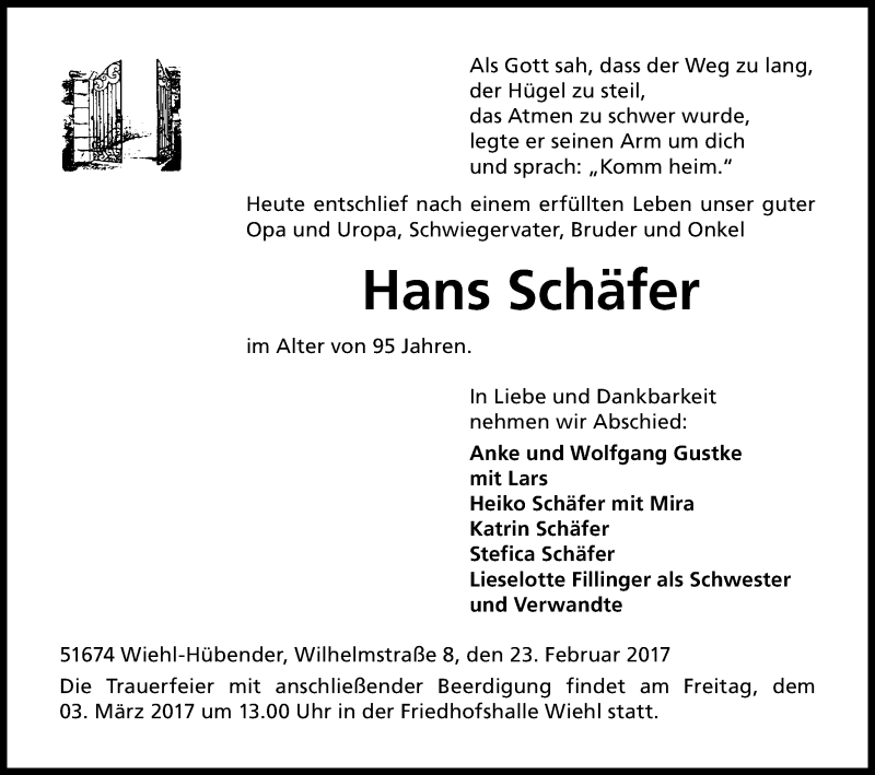  Traueranzeige für Hans Schäfer vom 01.03.2017 aus Kölner Stadt-Anzeiger / Kölnische Rundschau / Express