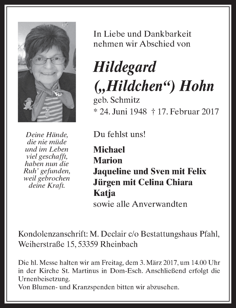  Traueranzeige für Hildegard Hohn vom 25.02.2017 aus  Blickpunkt Euskirchen 