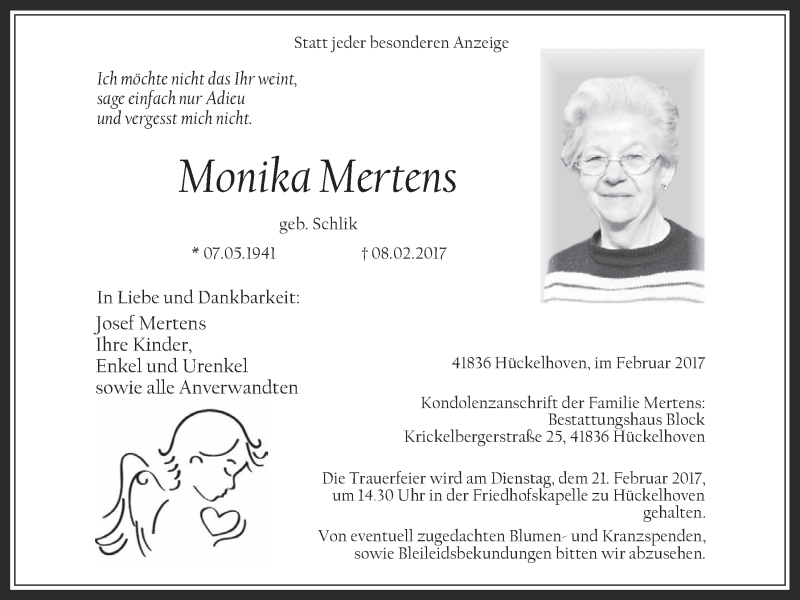  Traueranzeige für Monika Mertens vom 18.02.2017 aus  Sonntags-Post 