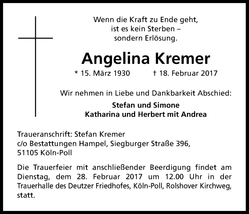  Traueranzeige für Angelina Kremer vom 25.02.2017 aus Kölner Stadt-Anzeiger / Kölnische Rundschau / Express