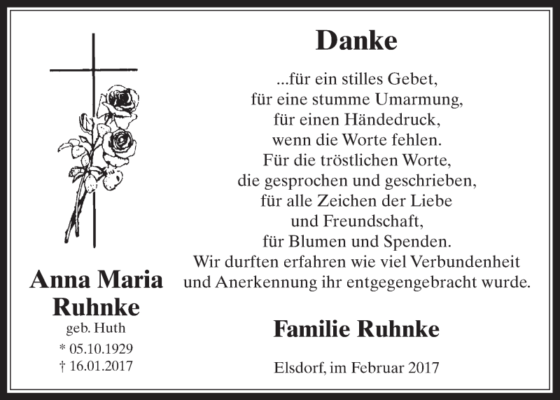  Traueranzeige für Anna Maria Ruhnke vom 08.02.2017 aus  Werbepost 