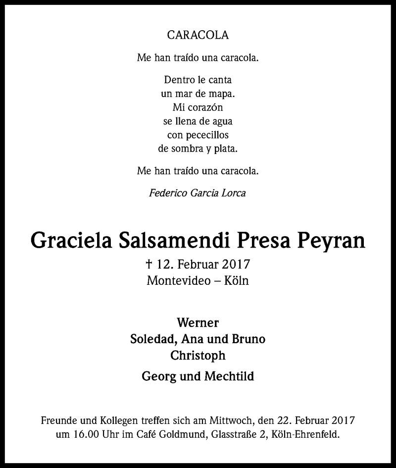  Traueranzeige für Graciela Salsamendi Presa Peyran vom 18.02.2017 aus Kölner Stadt-Anzeiger / Kölnische Rundschau / Express