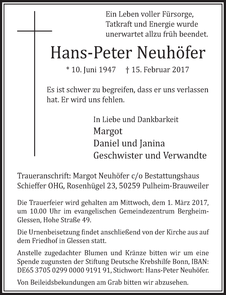  Traueranzeige für Hans-Peter Neuhöfer vom 25.02.2017 aus  Sonntags-Post 