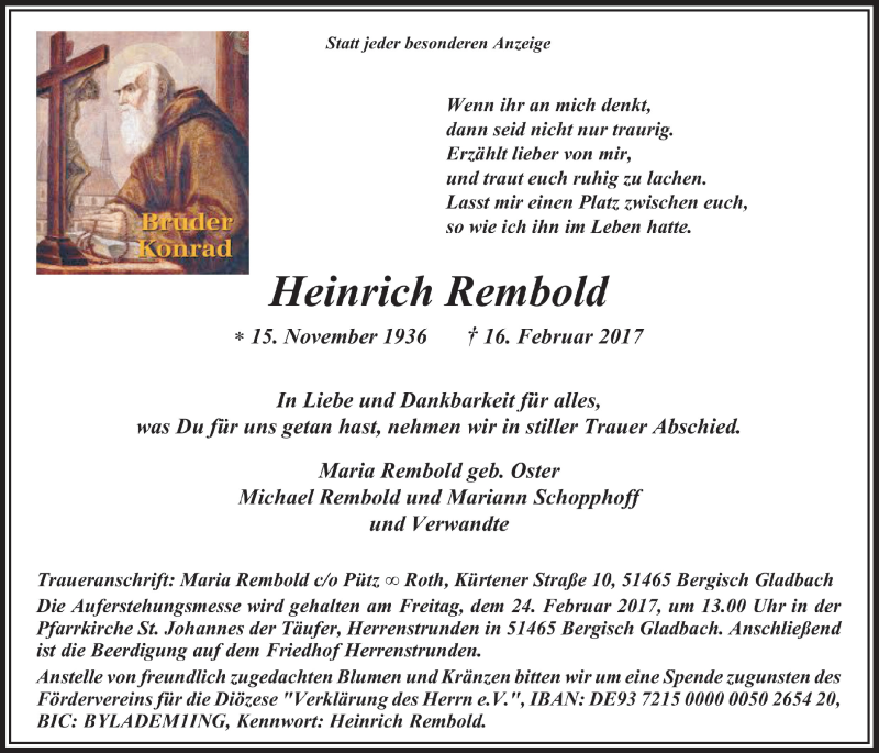  Traueranzeige für Heinrich Rembold vom 22.02.2017 aus  Bergisches Handelsblatt 