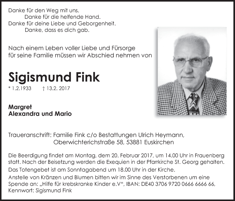  Traueranzeige für Sigismund Fink vom 18.02.2017 aus  Blickpunkt Euskirchen 