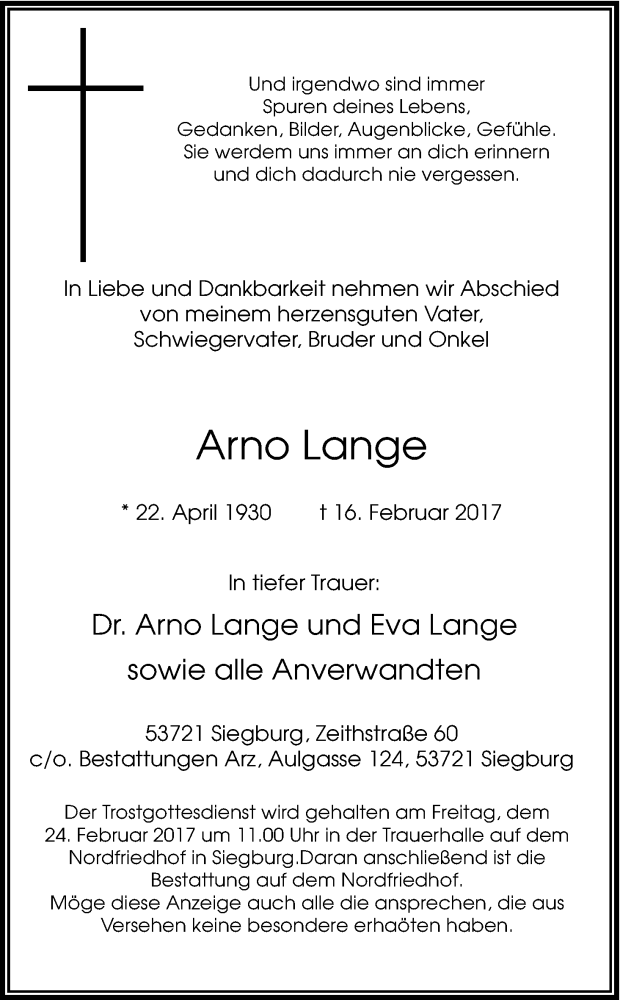  Traueranzeige für Arno Lange vom 18.02.2017 aus Kölner Stadt-Anzeiger / Kölnische Rundschau / Express
