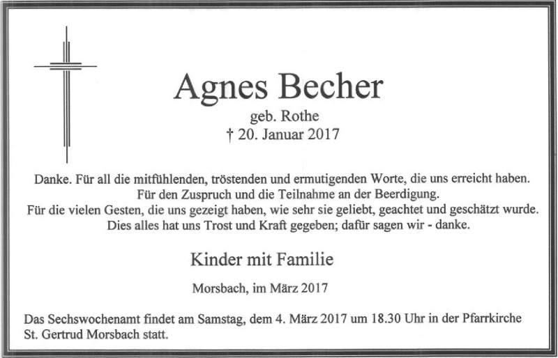  Traueranzeige für Agnes Becher vom 01.03.2017 aus  Lokalanzeiger 