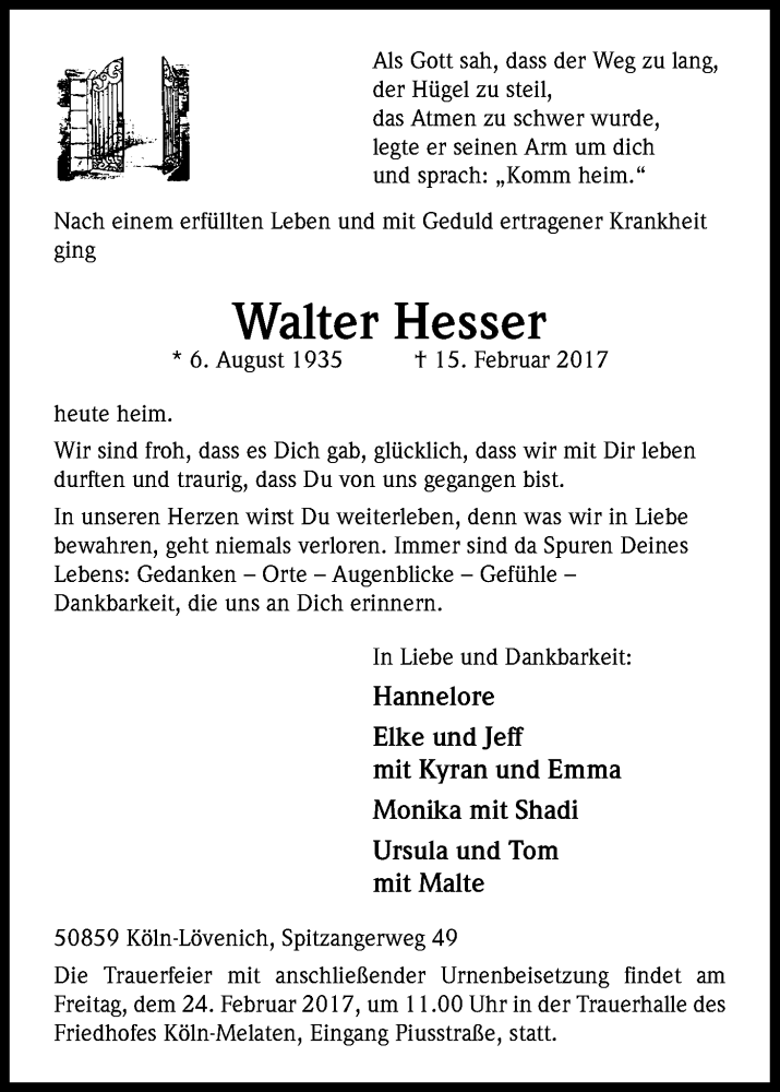  Traueranzeige für Walter Hesser vom 22.02.2017 aus Kölner Stadt-Anzeiger / Kölnische Rundschau / Express