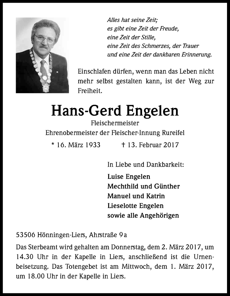  Traueranzeige für Hans-Gerd Engelen vom 25.02.2017 aus Kölner Stadt-Anzeiger / Kölnische Rundschau / Express