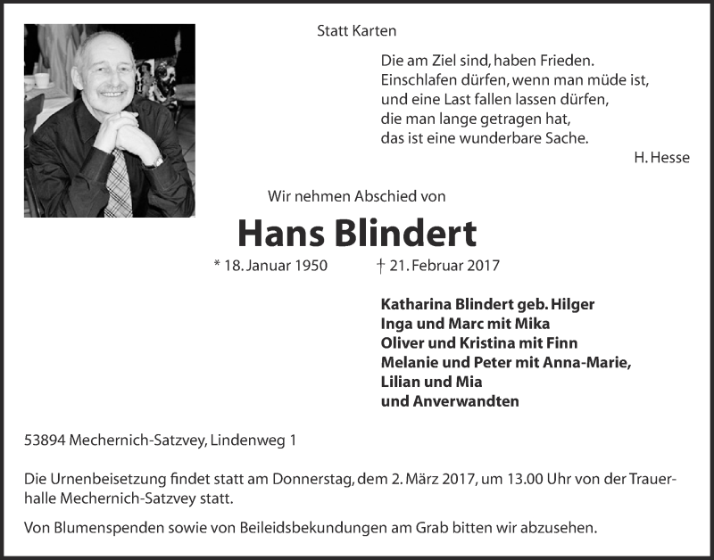  Traueranzeige für Hans Blindert vom 25.02.2017 aus  Blickpunkt Euskirchen 